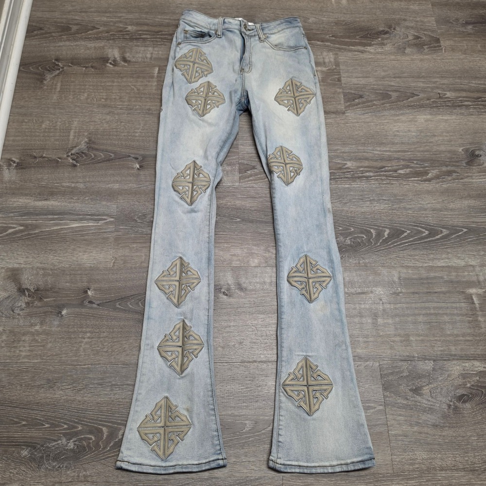 GUAPI Light Wash Flared Cross Patch Denim Jeans Mens 28x36 Streetwear Light Blue
